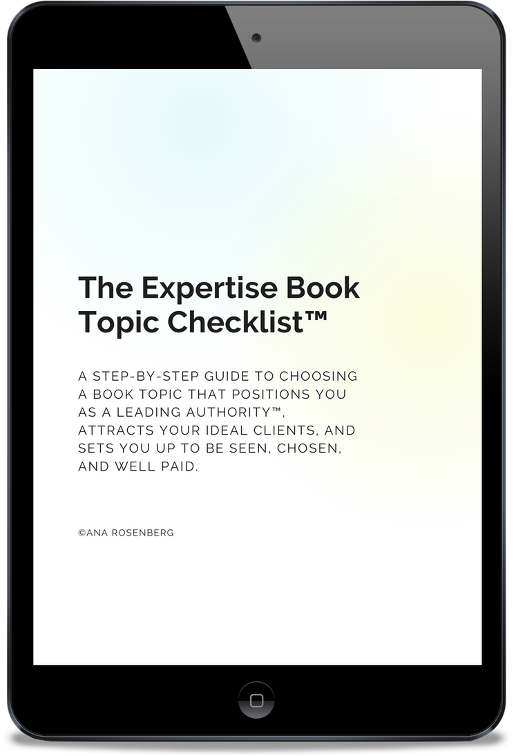 The Expertise Book Topic Checklist by Ana Rosenberg shown on a tablet